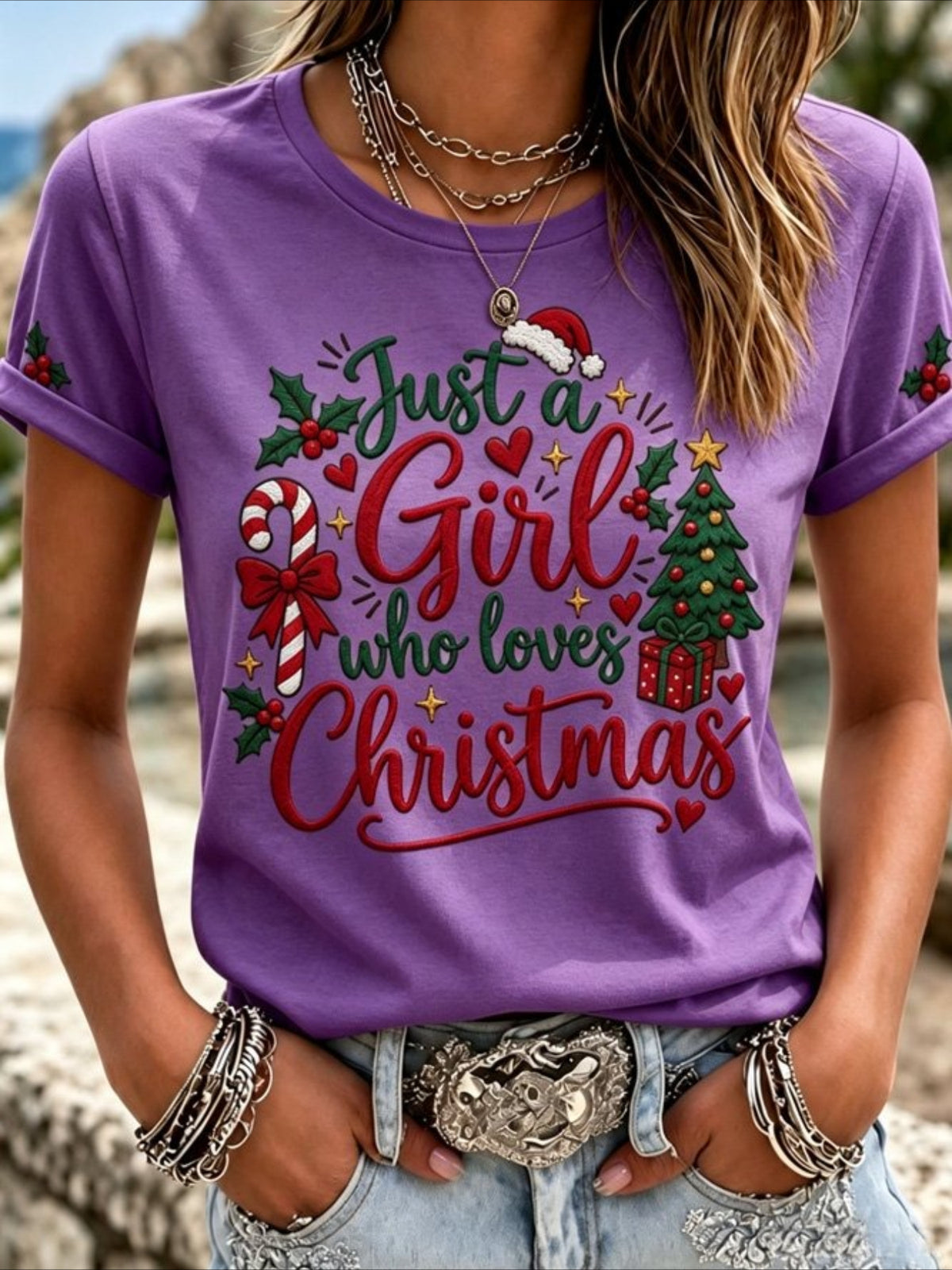 100% Cotton Christmas Letter Print Short Sleeve Crew Neck Top