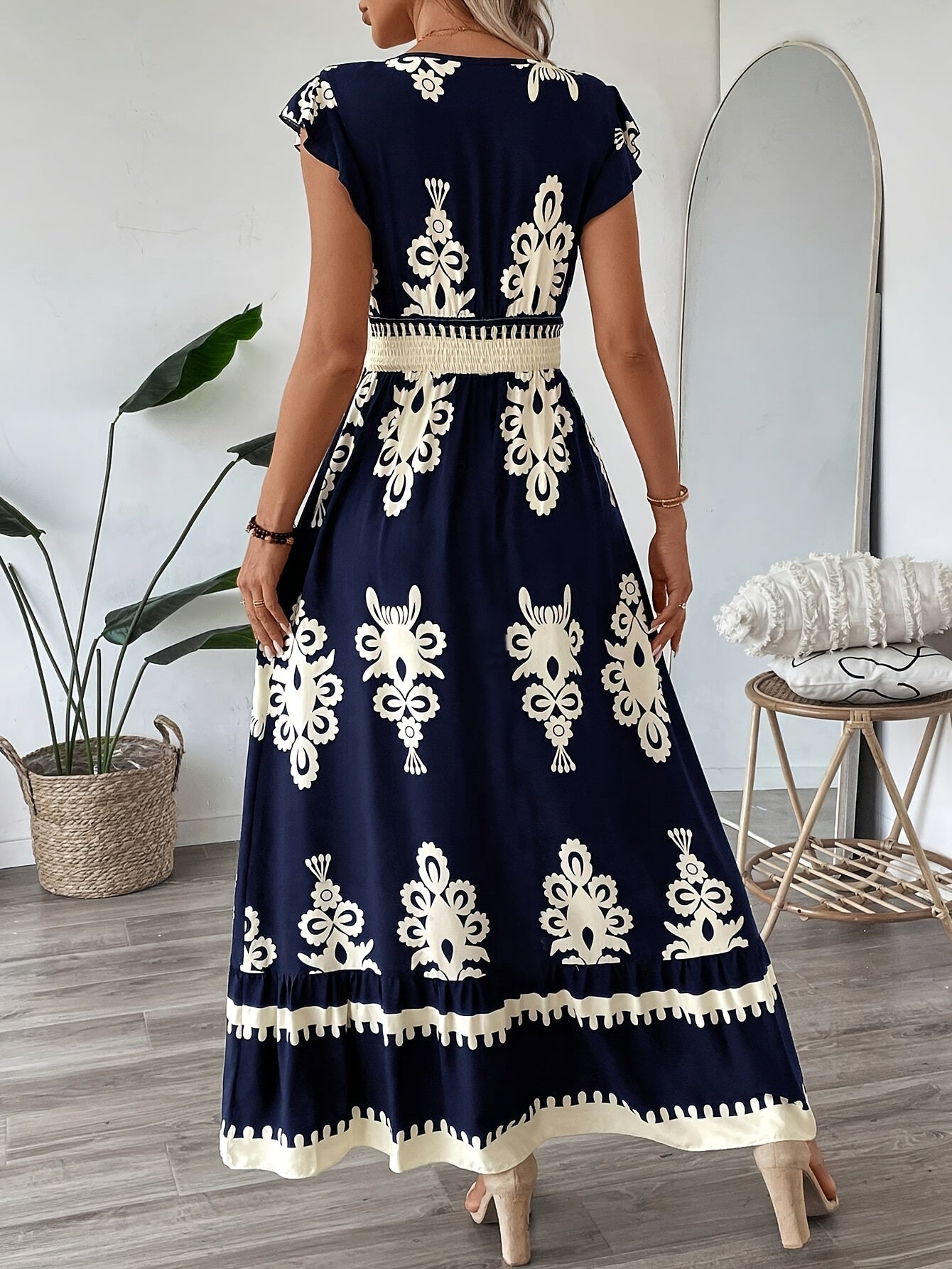 Women's Navy Blue Floral Print V-Neck A-Line Dress with Ruffled Cap Sleeves