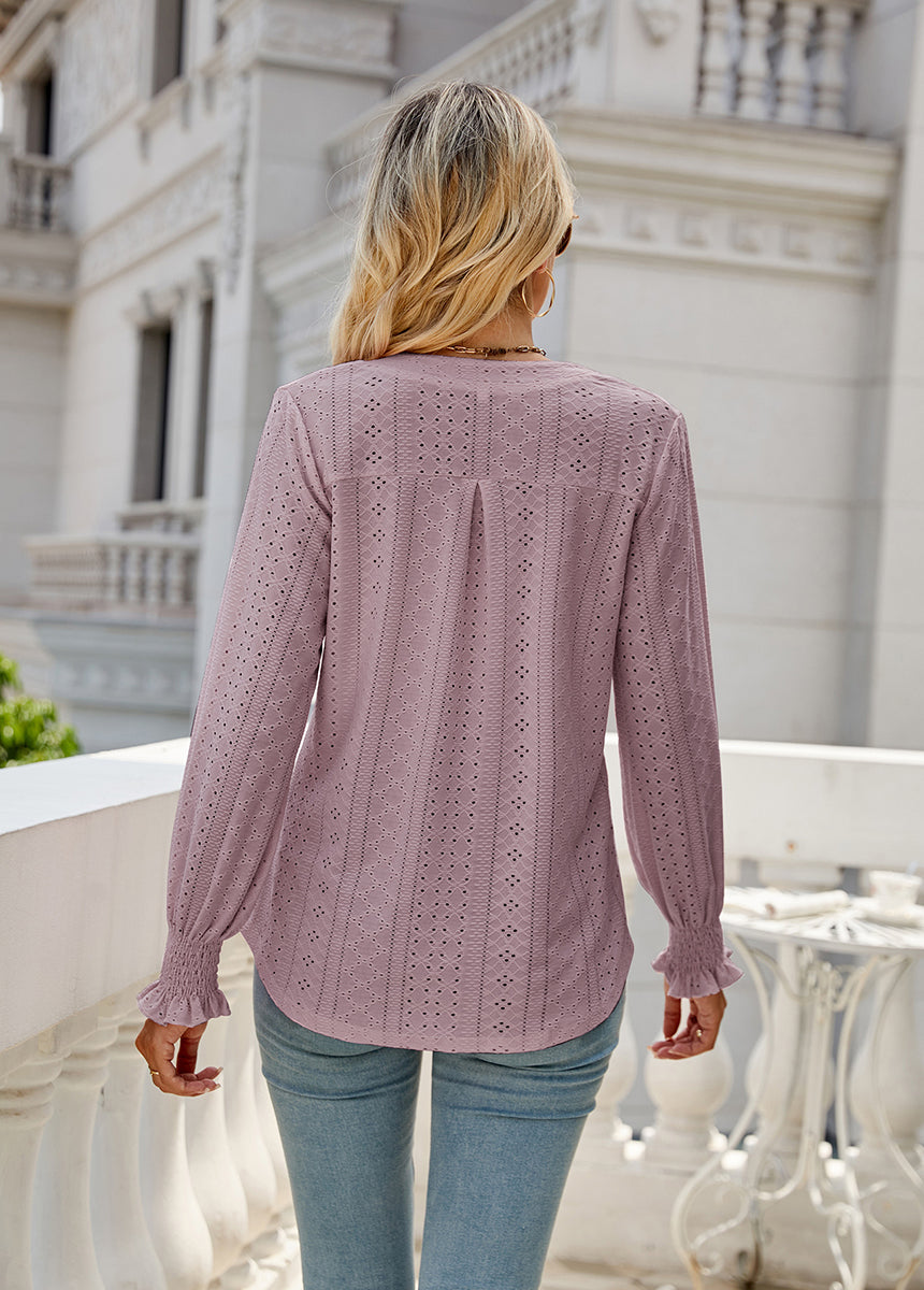 Solid Color Hollow Pleated Ruffle Sleeve V-Neck Loose Long Sleeve Top