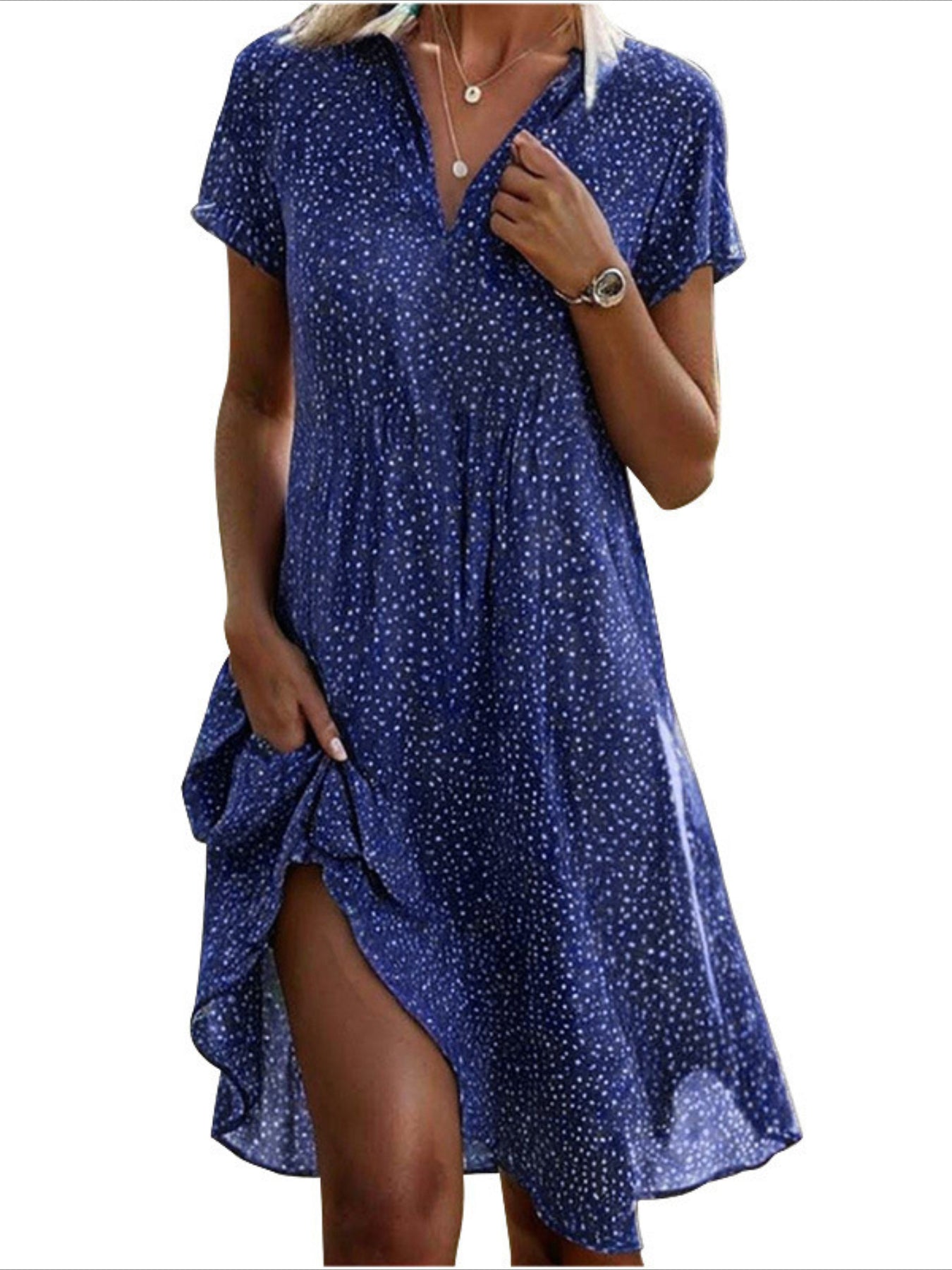 Polka Dot Print Collared Dress, Casual Short Sleeve Dress