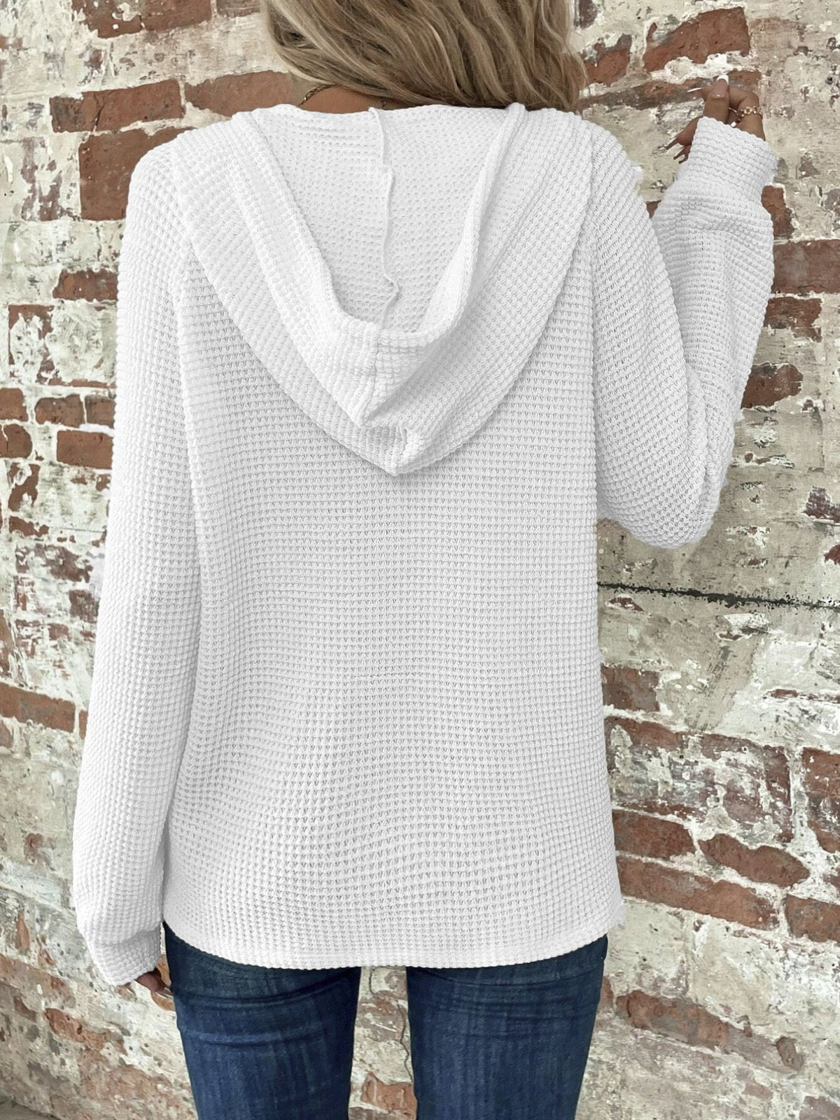 Waffle Button Front Loose Hoodie, Casual Long Sleeve Drawstring Hoodies Sweatshirt