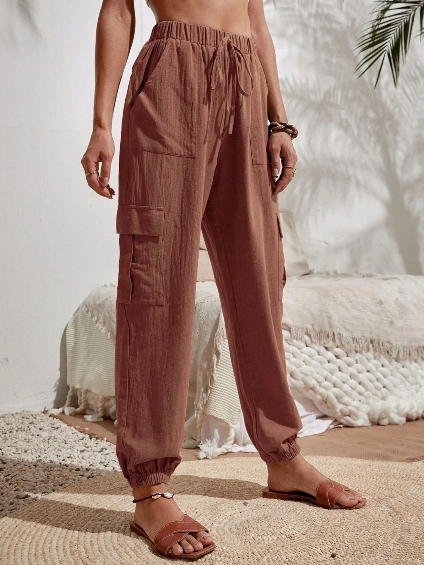 Solid Drawstring Pants, Casual Slant Pockets Cargo Pants
