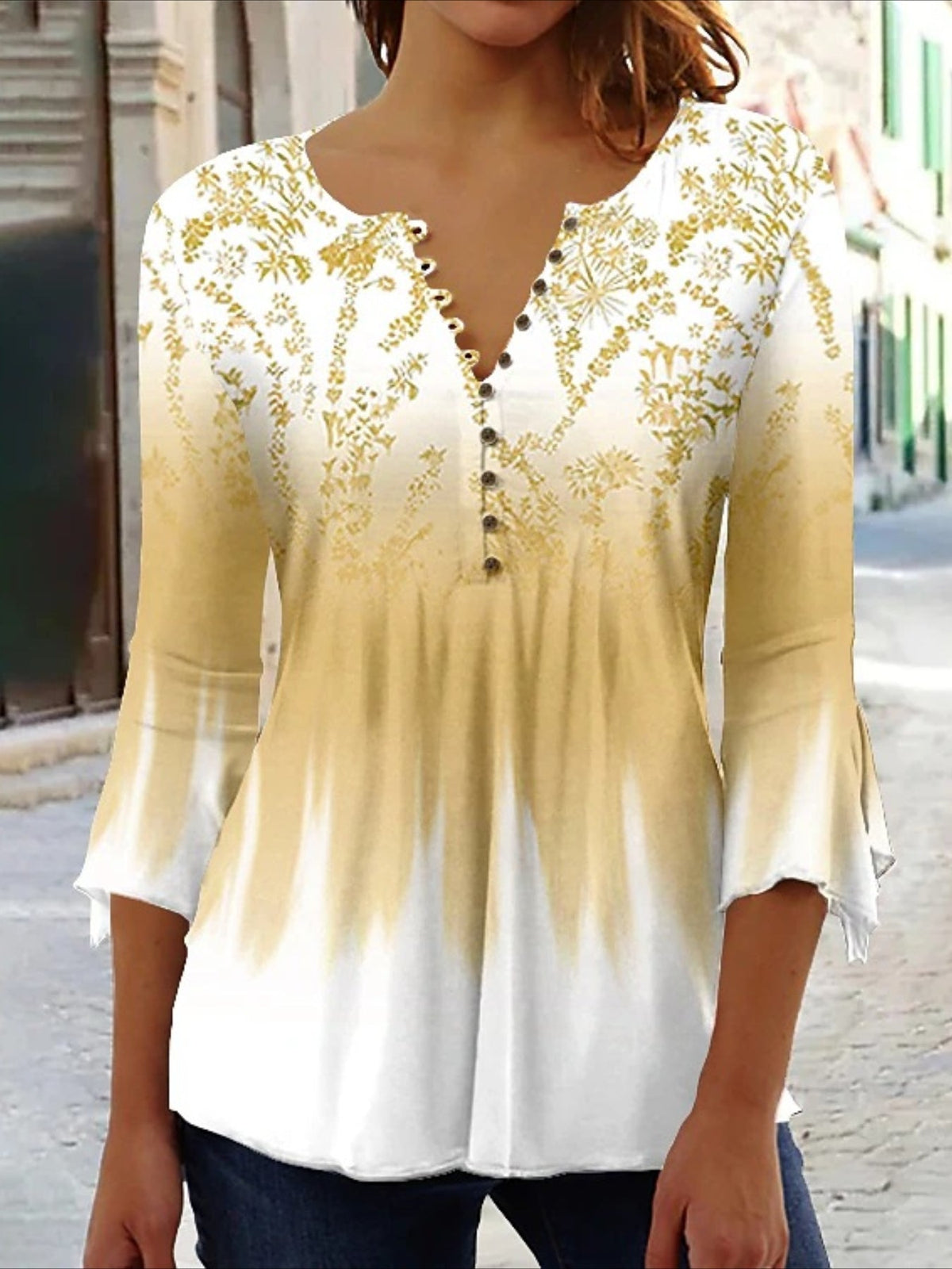 Casual Floral Print V-Neck 3/4 Sleeves Blouse