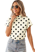 Beige Polka Dot Print High Neck Dolman Top
