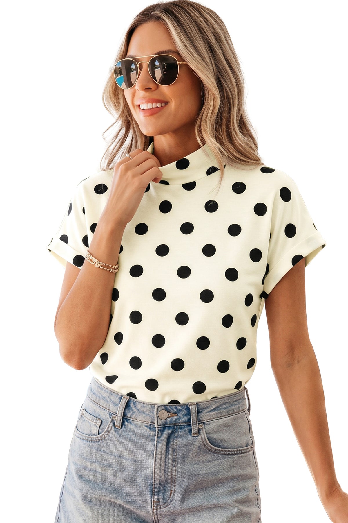 Beige Polka Dot Print High Neck Dolman Top