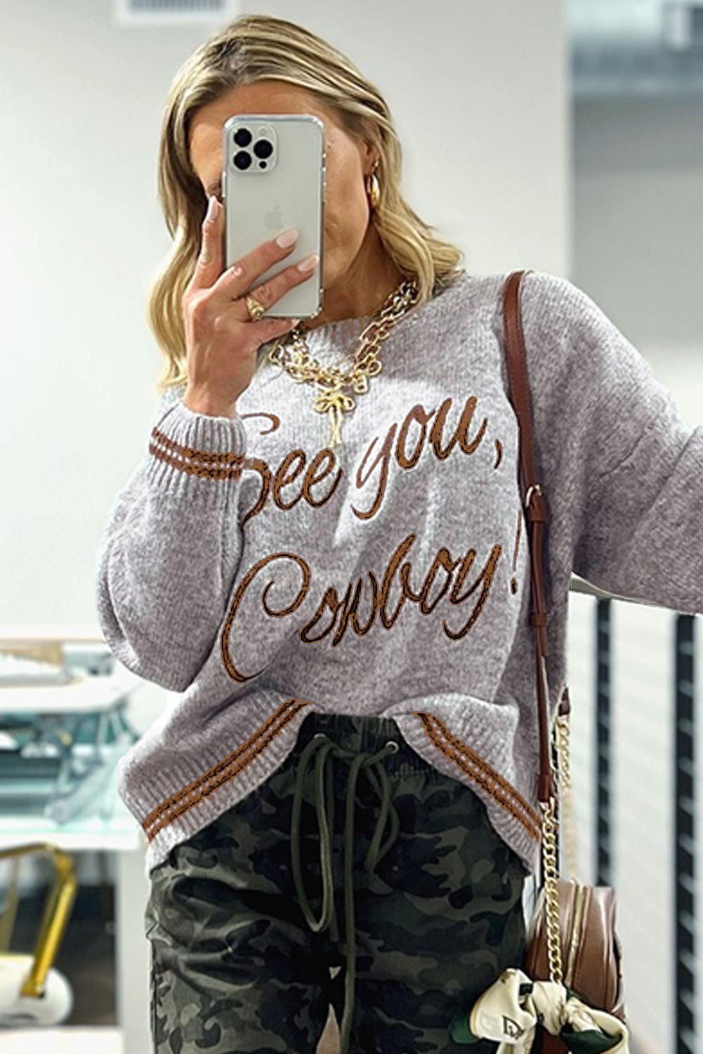 Light Grey See You Cowboy Embroidered Western Graphic Sweater