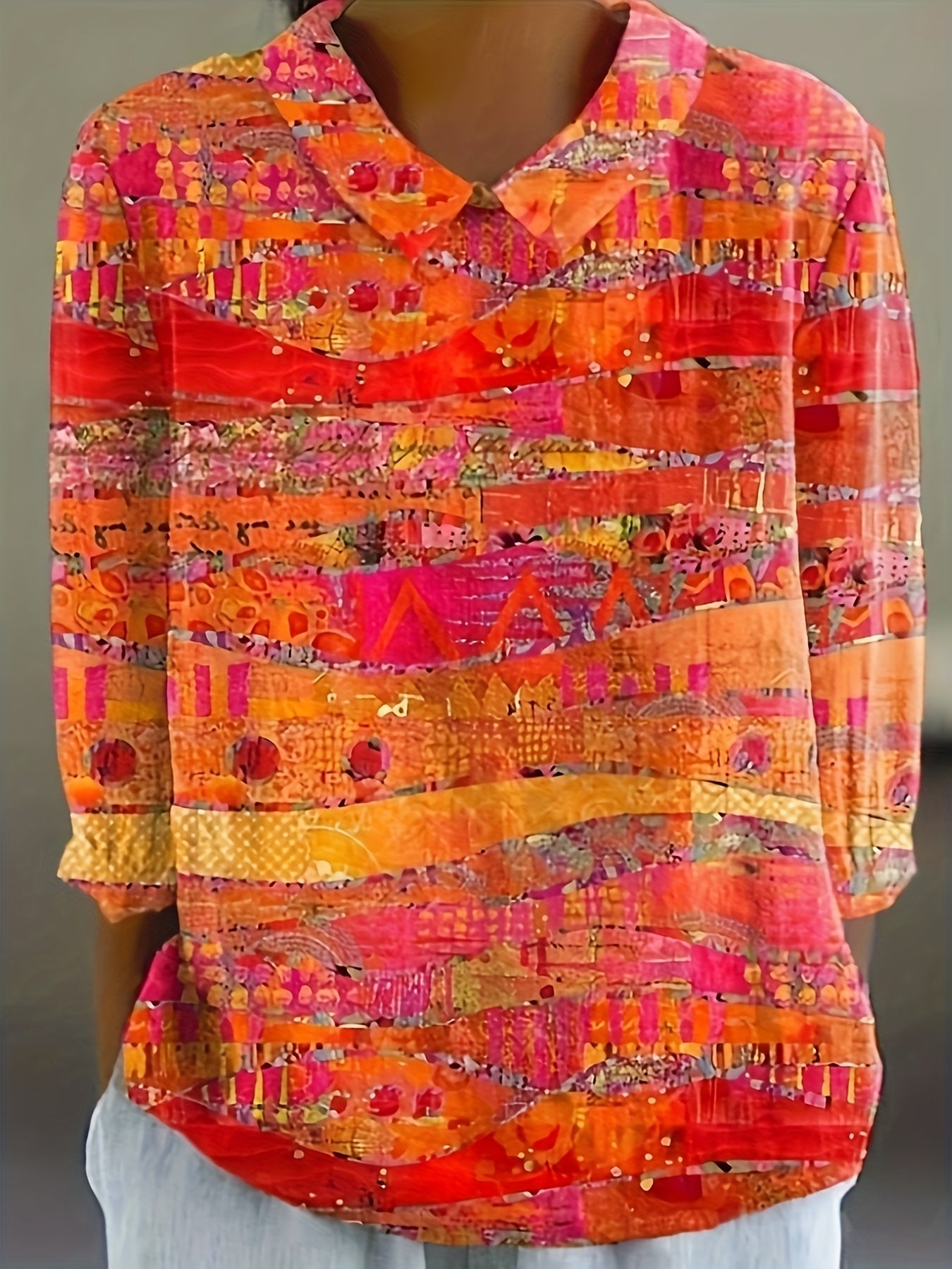 Lapel Geometric Bohemian Pattern Fashion Long Sleeve Collar Regular Shirt