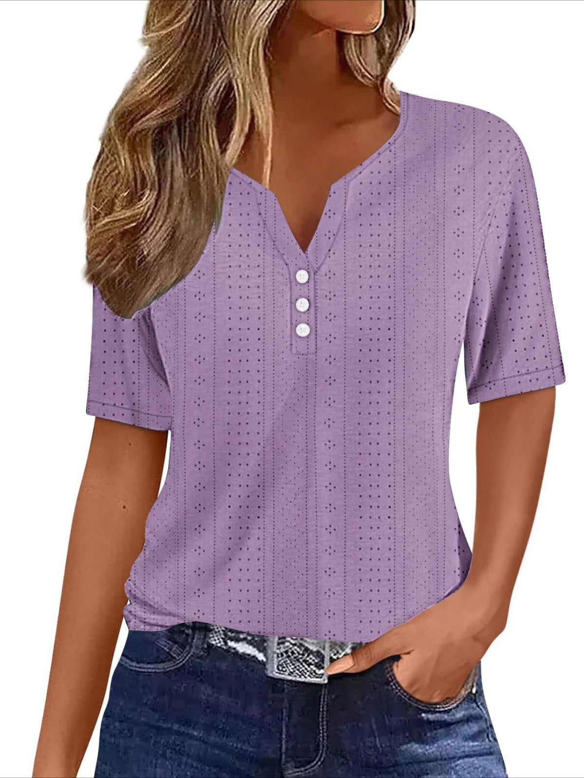 Eyelet Embroidered Button Front T-shirt, Casual V Neck Short Sleeve Top