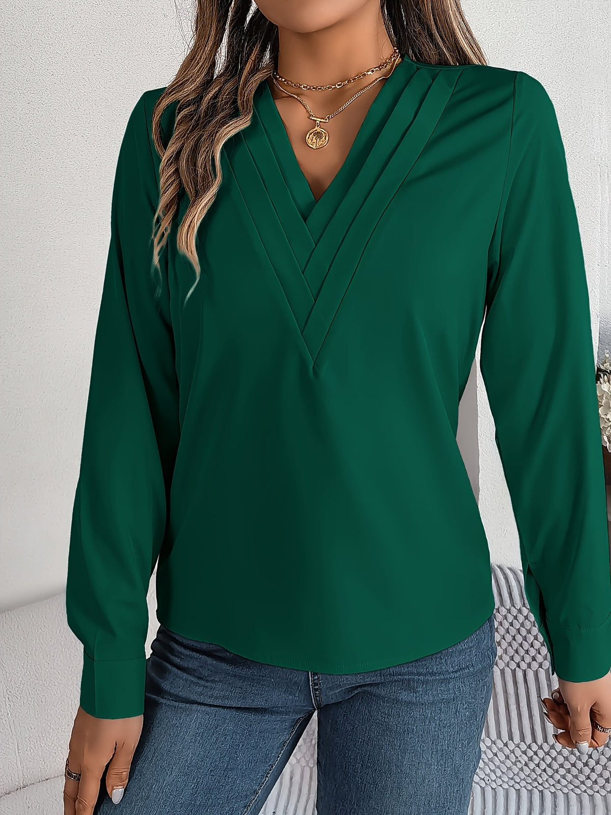 Solid Color V Neck Blouse, Elegant Long Sleeve Blouse