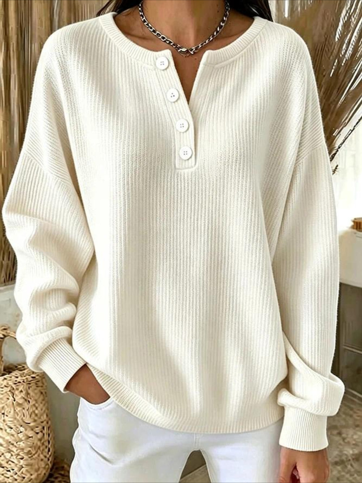 Solid Color V Neck Button Long Sleeve T-Shirt