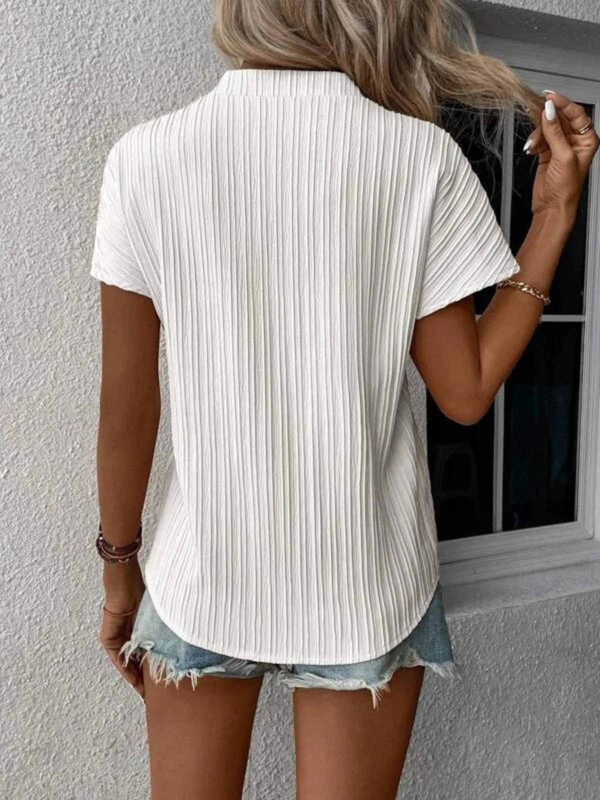 Ribbed Short Sleeve with Notched Neck and Slight Stretch for Women