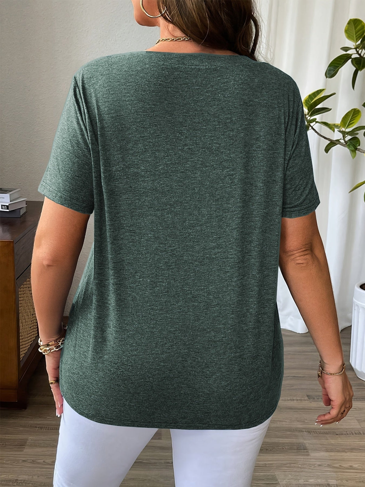 Solid Color T-Shirt with Crisscross V-Neck and Short Sleeves
