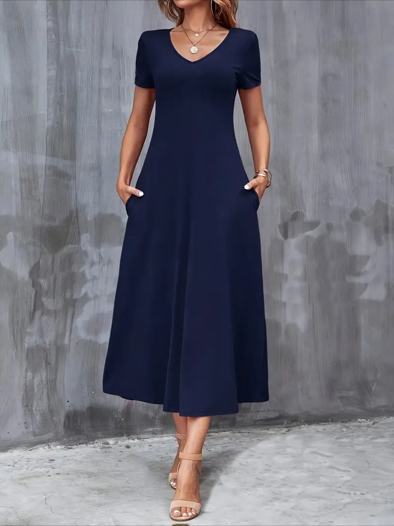 V-Neck A-Line Dress with Pockets - Elegant, Comfortable, Casual Polyester Blend