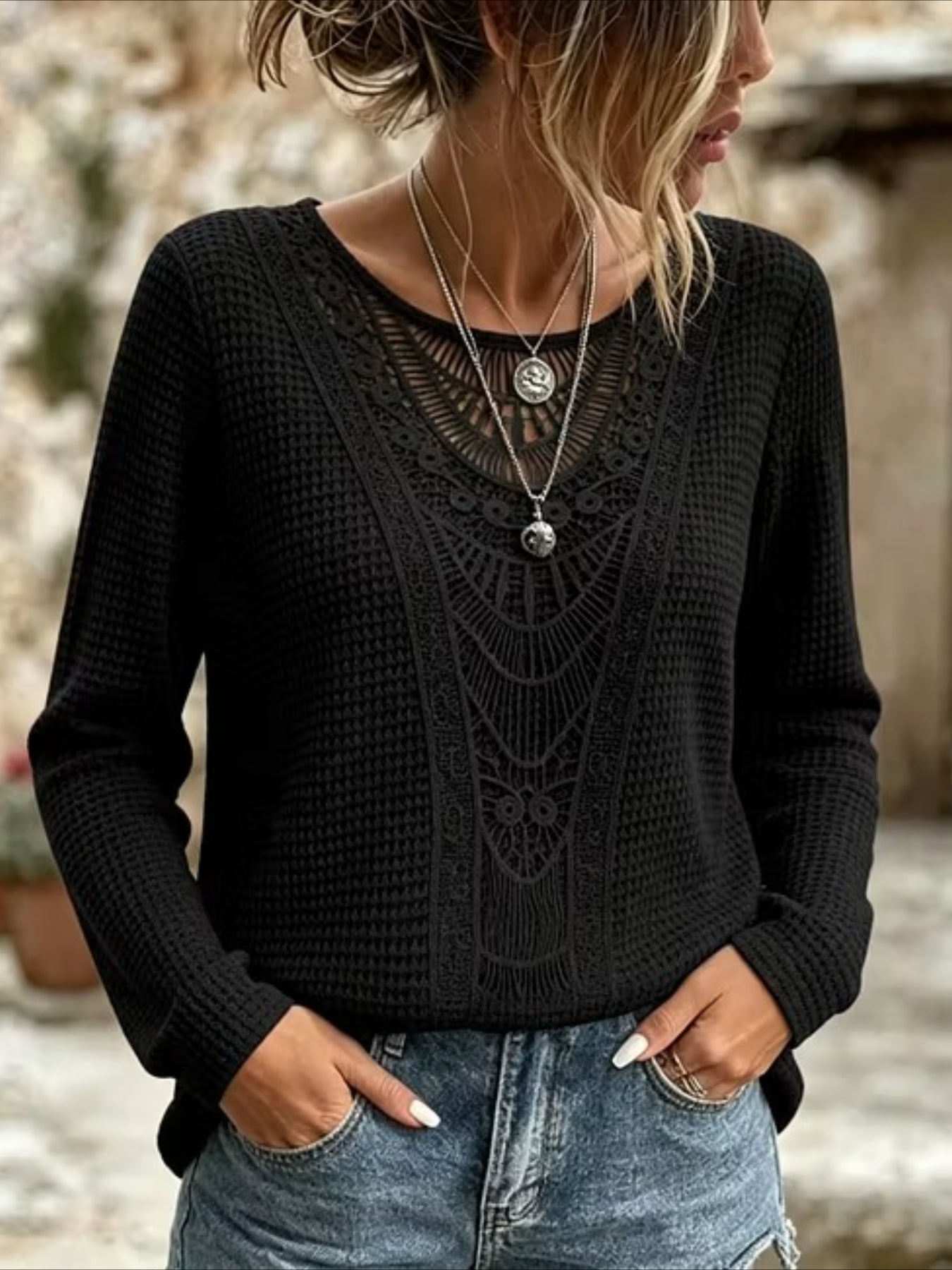 Pineapple Checked Lace Splicing Long Sleeve Solid Color T-shirt