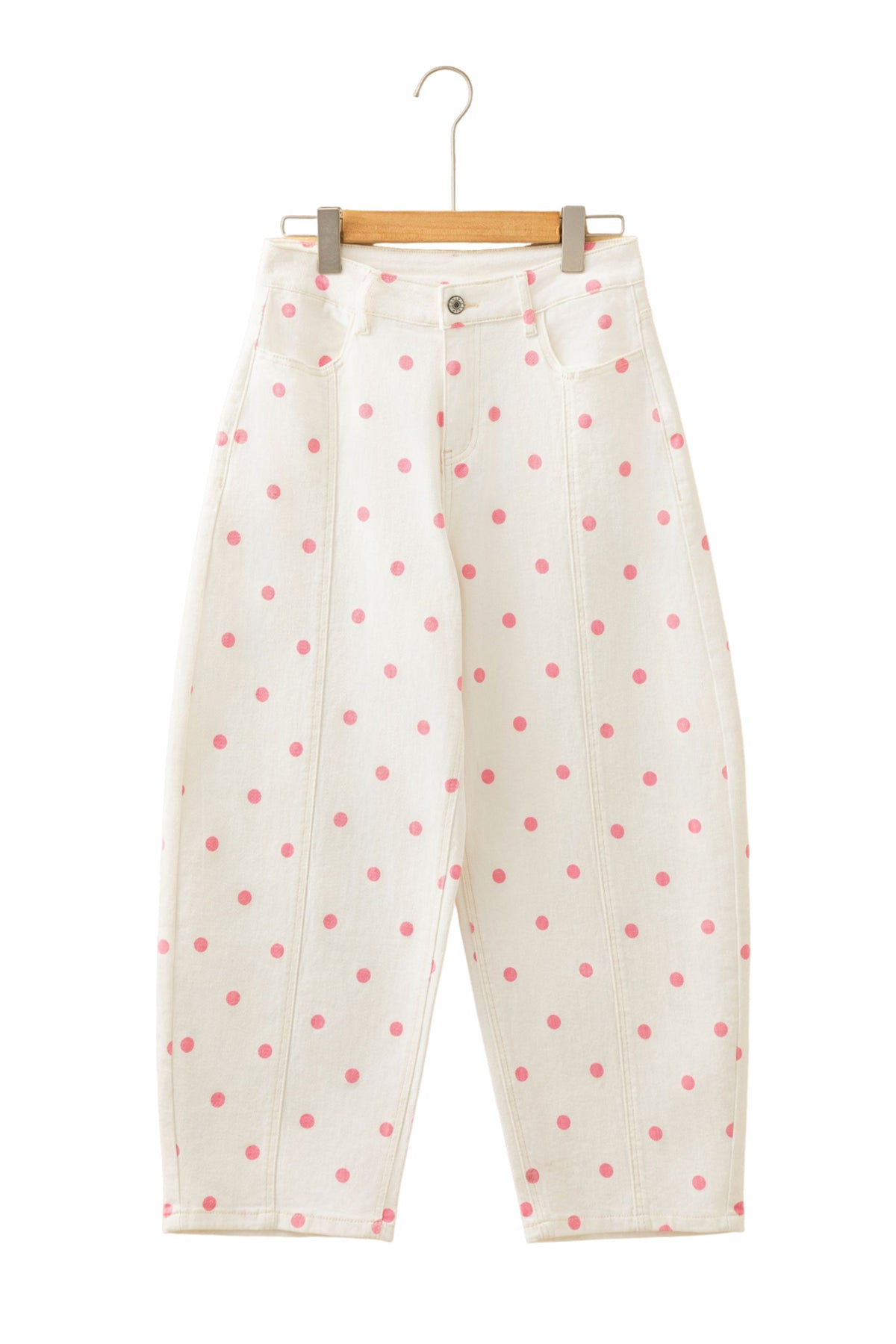 Pink Tailored Seam Polka Dot Print Barrel Casual Jeans