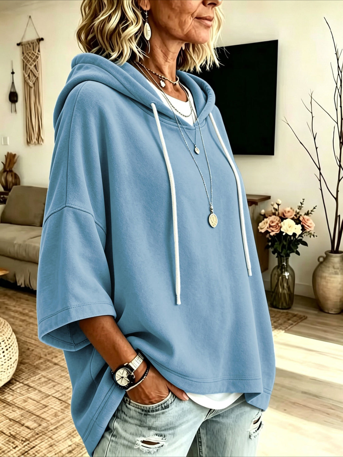 Seven-quarter Sleeves Solid Color Casual Hooded Sweatshirt