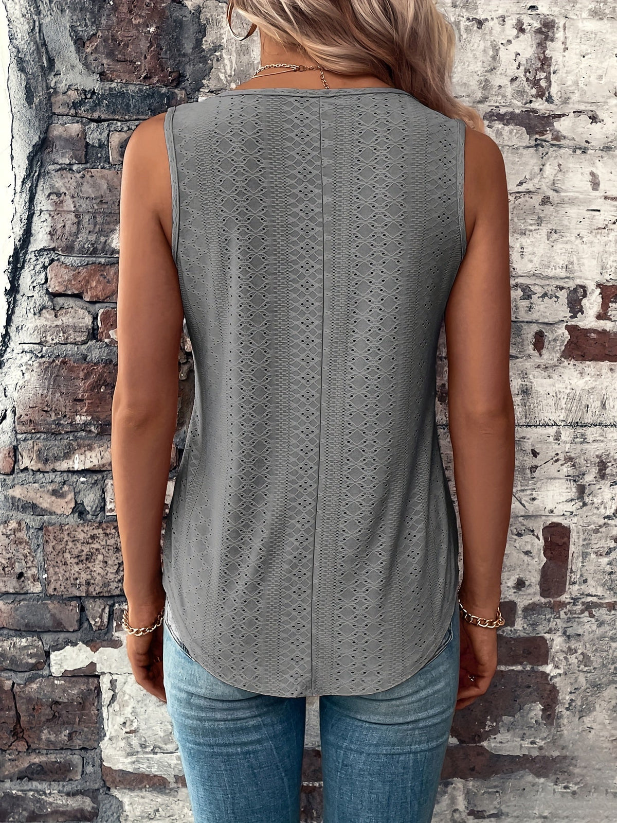 Eyelet Solid Tank Top, Casual V Neck Summer Sleeveless Top