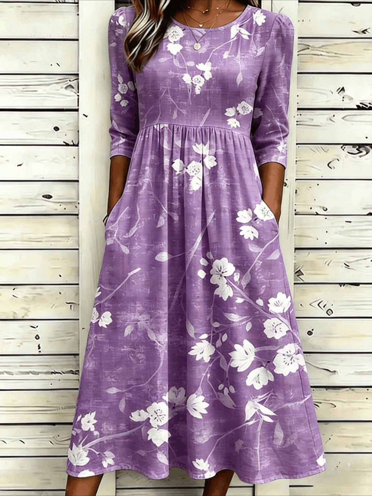 Flower Casual Round Neck Half Sleeve Mid Dress