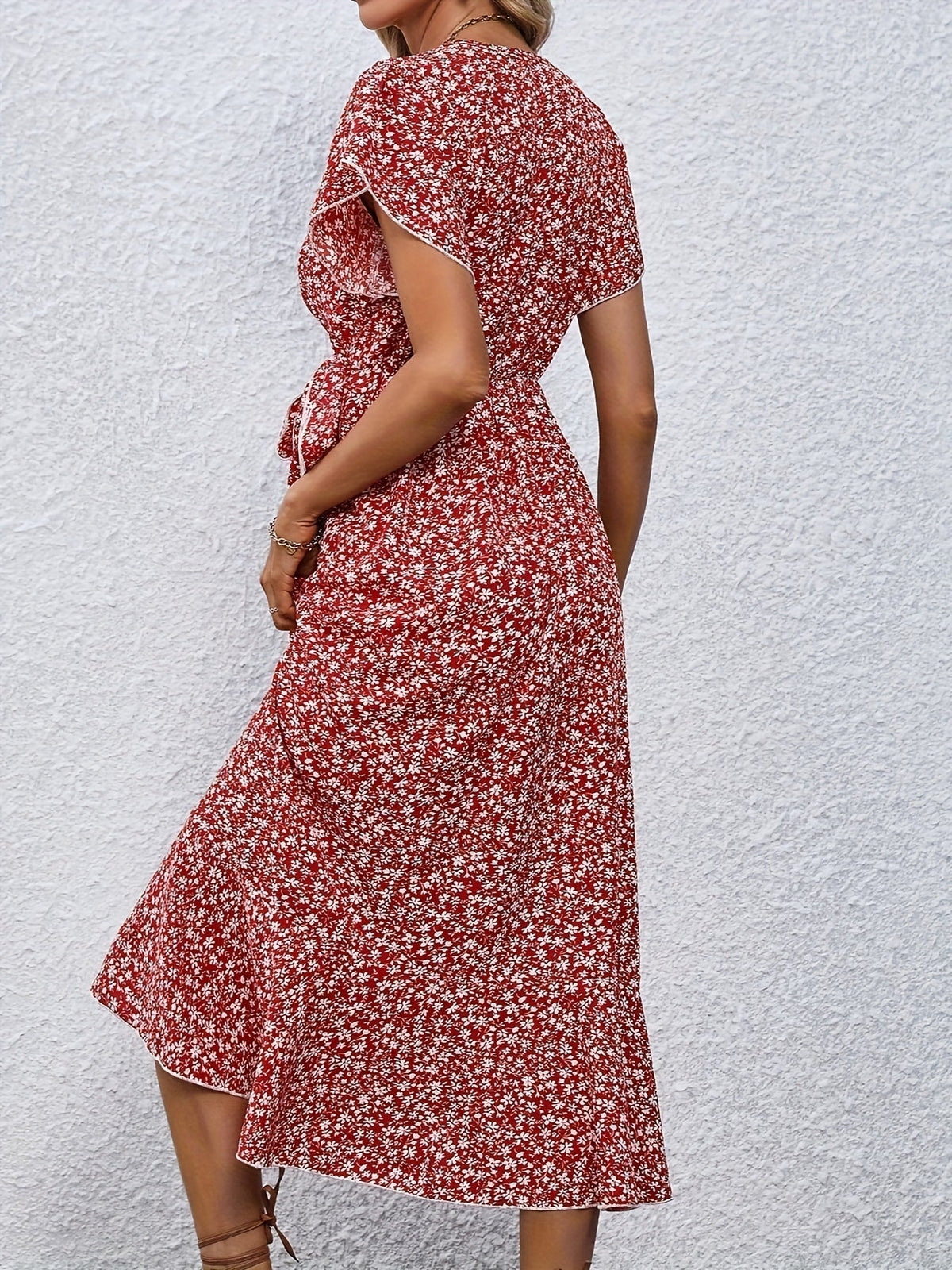 Women's Floral Print Surplice Dress with Flutter Sleeves and Ruffle Hem