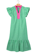 Bright Green Summer Color-Blocked Plaid Pattern Midi Dress