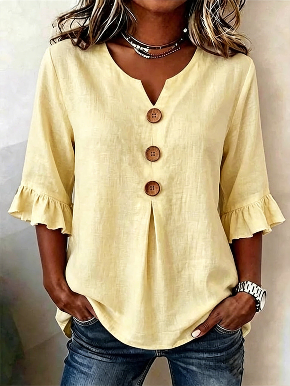 Solid Color Floral V Neck Button Short Ruffle Sleeve Casual Top