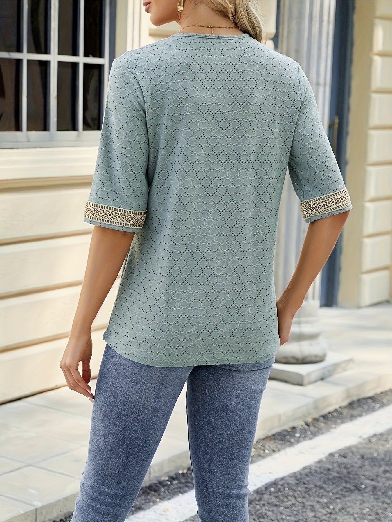Guipure Lace V-neck Eyelet T-Shirt, Vintage Half Sleeve Loose T-Shirt