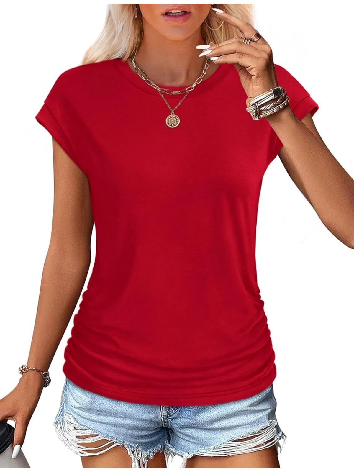 Solid Color Crew Neck Ruched Cap Short Sleeve T Shirts