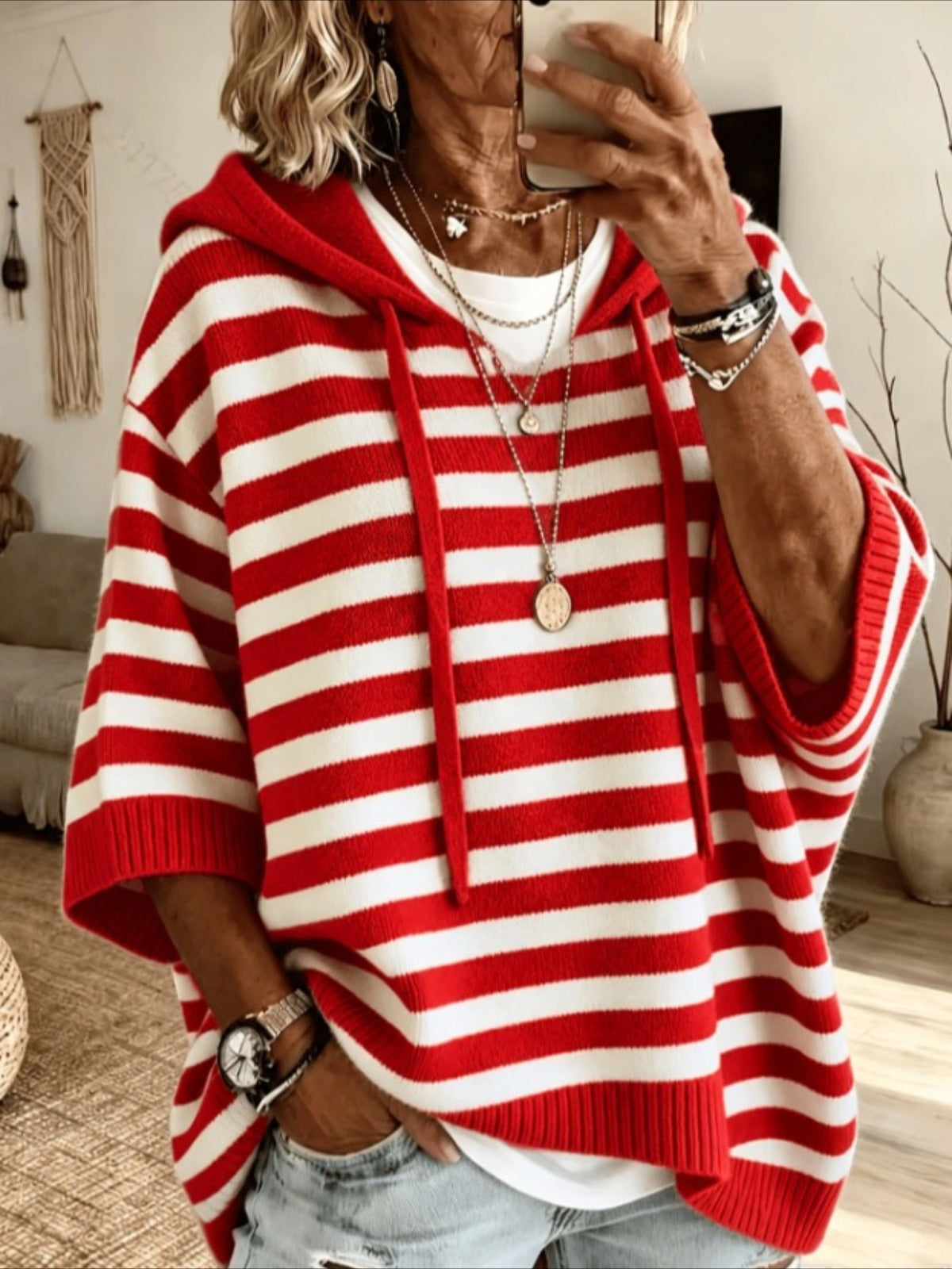 Solid Color Casual Hooded Batwing Sleeve Knit Sweater