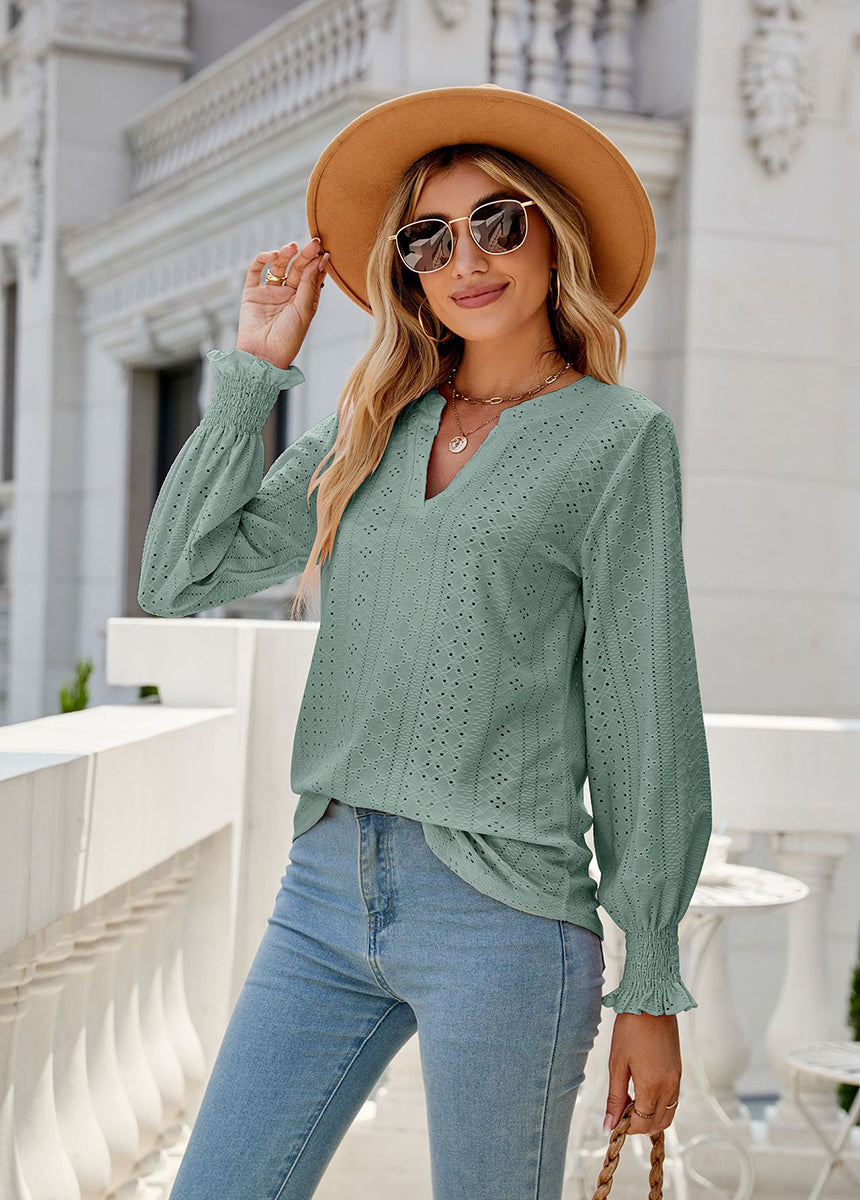 Solid Color Hollow Pleated Ruffle Sleeve V-Neck Loose Long Sleeve Top