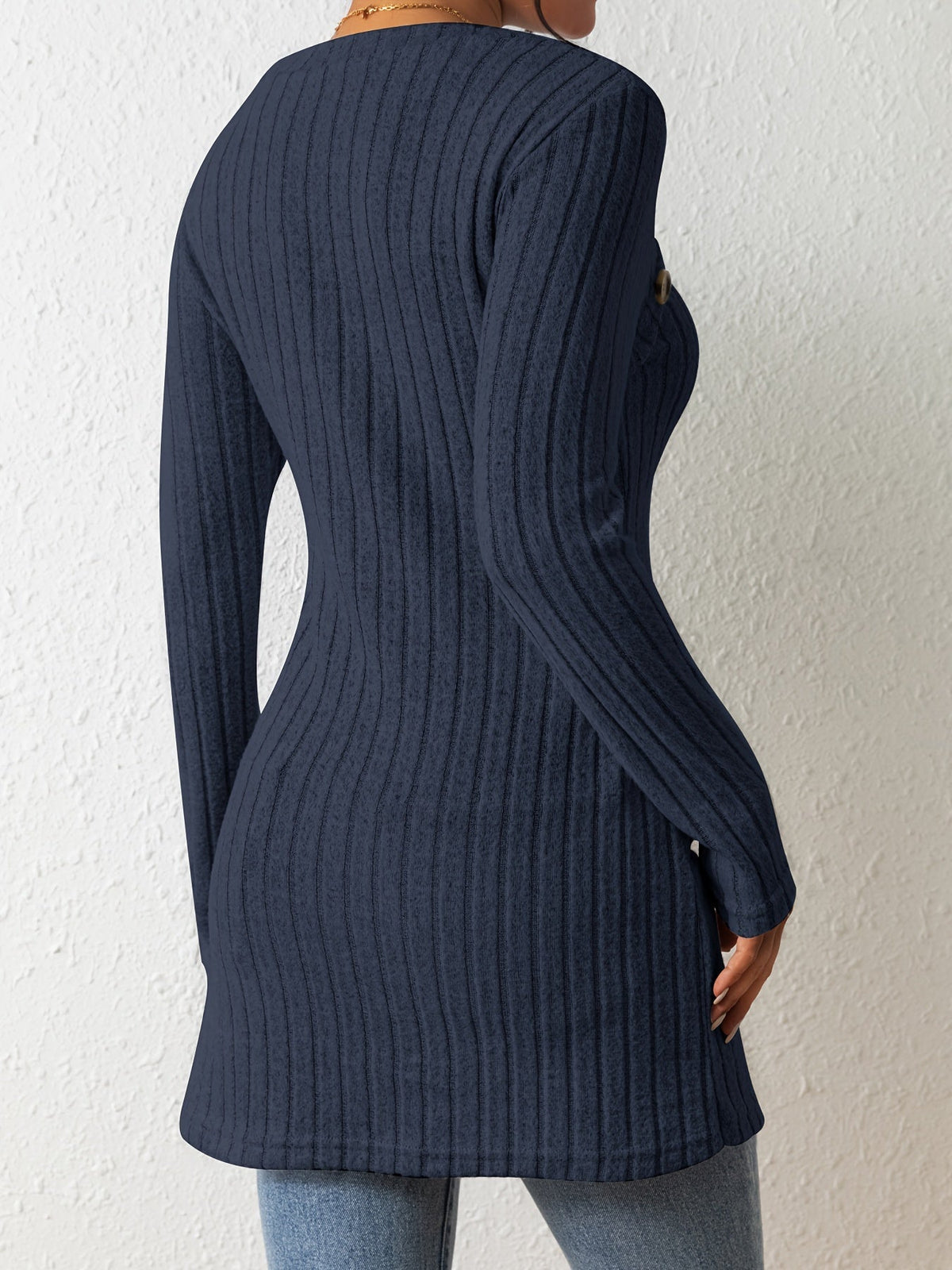 Button Decor Asymmetrical Hem T-Shirt, Casual Ribbed Long Sleeve Top