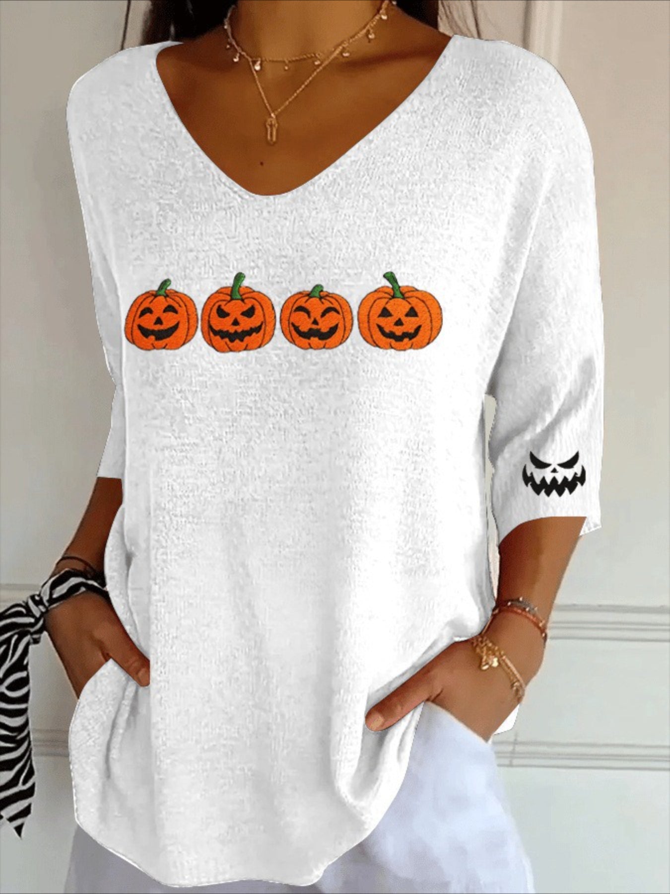 Halloween Crew Neck Three Quarter Sleeve T-shirt