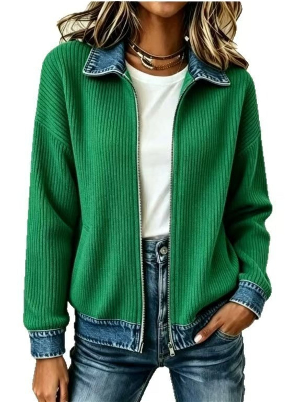 Zip-Up Corduroy Jacket with Denim-Look Trim