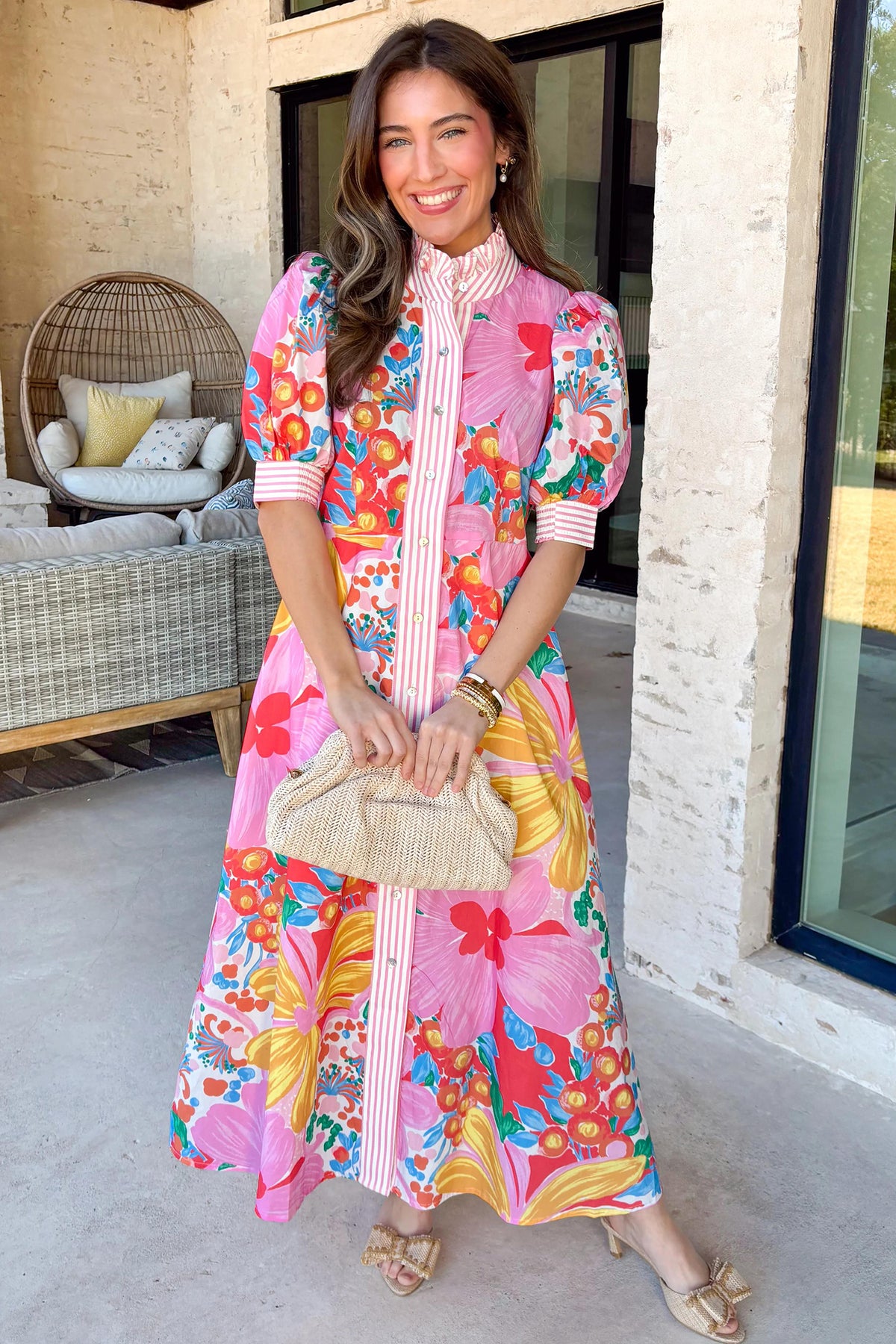Pink Floral Print Striped Trim Button Down Short Sleeve Vacation Dress