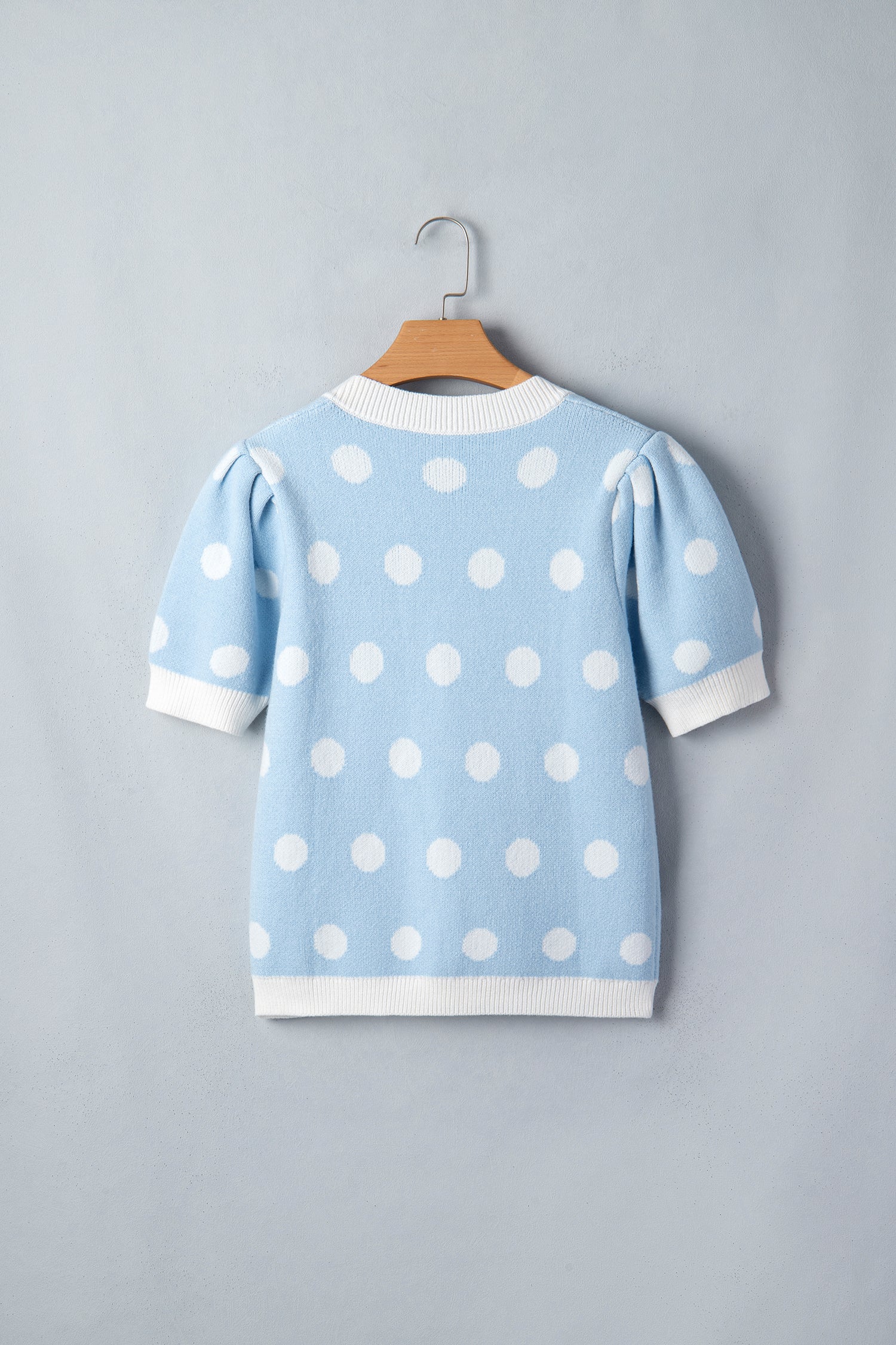 Light Blue Polka Dot Puff Short Sleeve Sweater Top