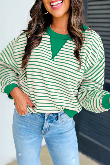 Bright Green Striped Exposed Seam Patchwork Loose Pullover Top
