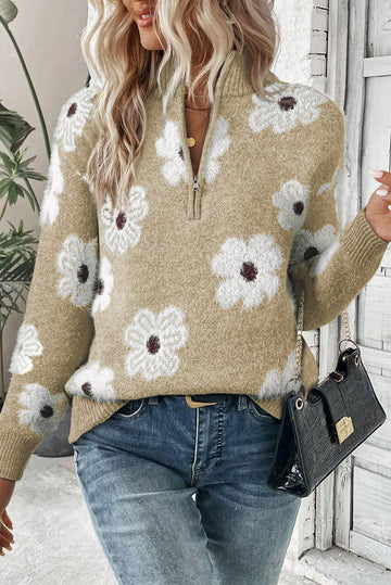 Khaki Floral Pattern Half Zip Drop Shoulder Sweater