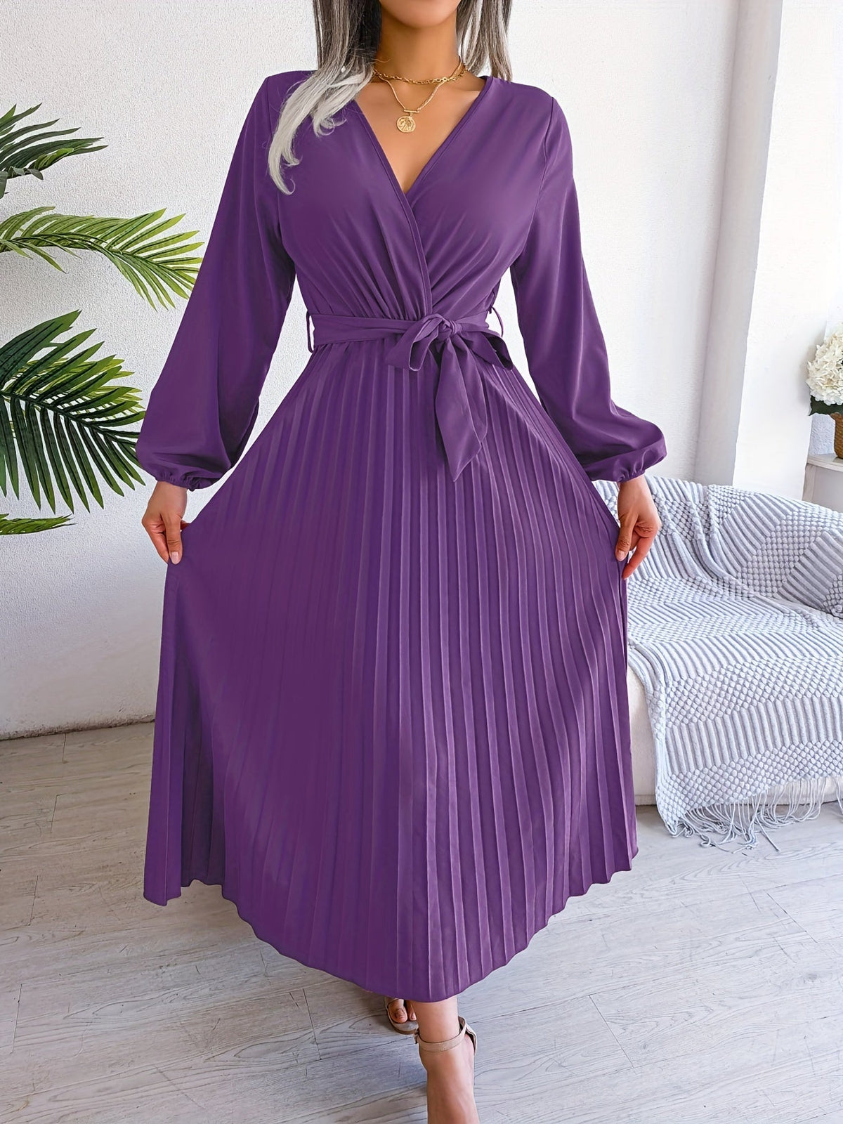 Pleated Surplice Neck Dress, Elegant Long Sleeve Solid Dress, Women's Clothing