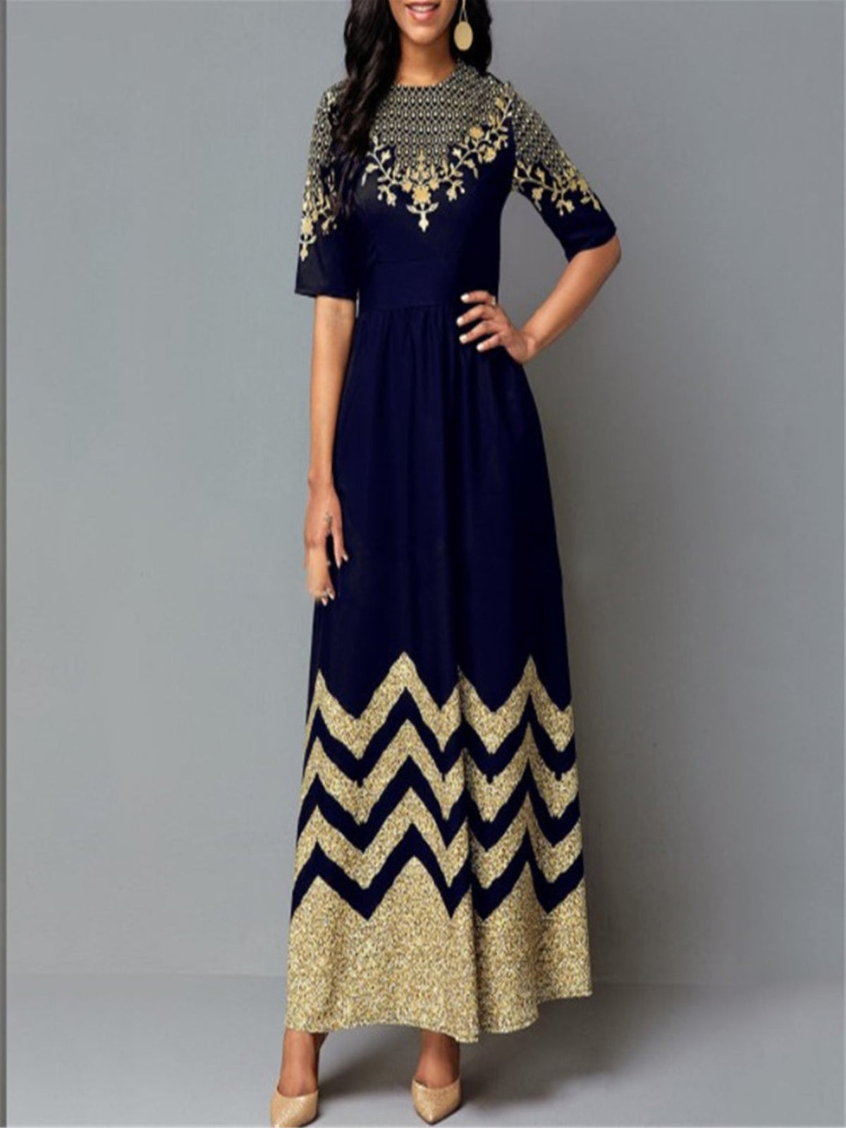 Vintage Tribal Print Crew Neck Pocket Dress, Women's Short Sleeve Wave Stripe Print Dress