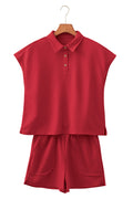 Racing Red Loose Polo Tee Elastic Waist 2pcs Short Set