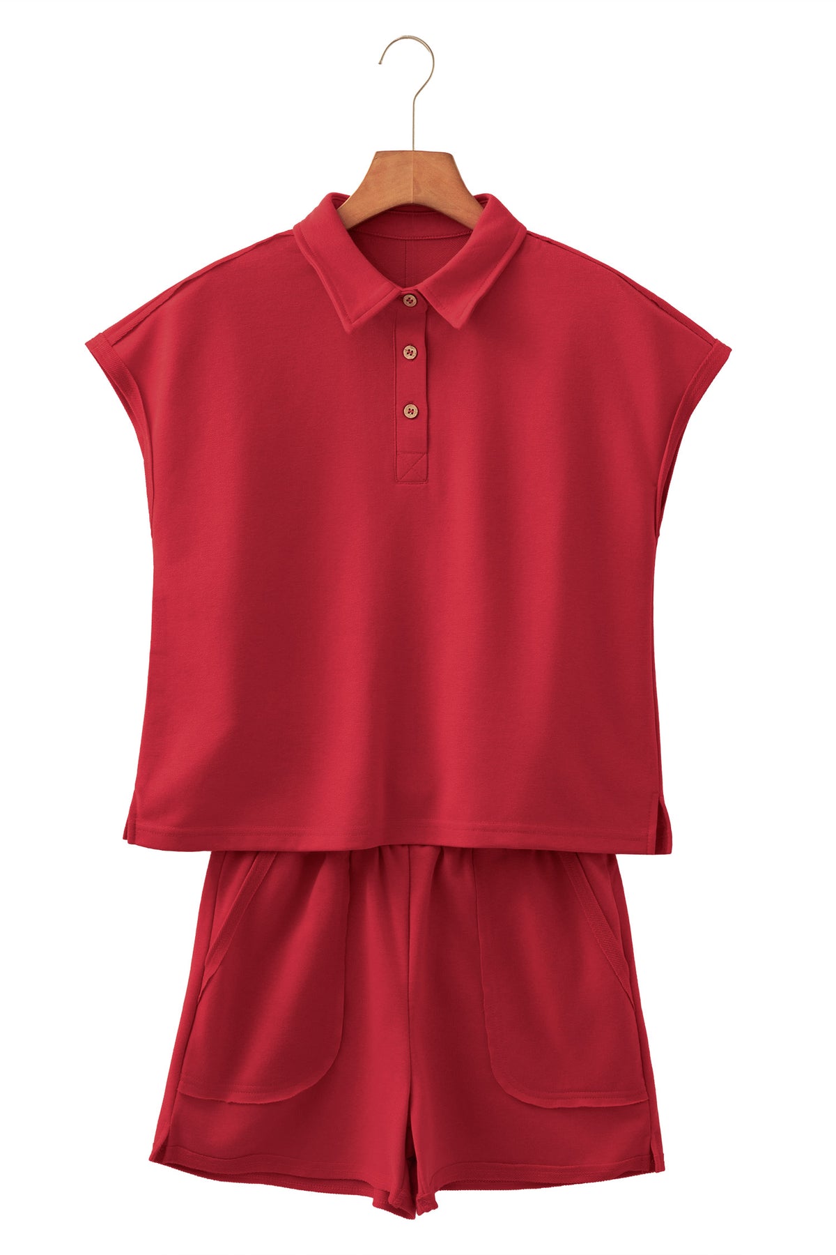 Racing Red Loose Polo Tee Elastic Waist 2pcs Short Set