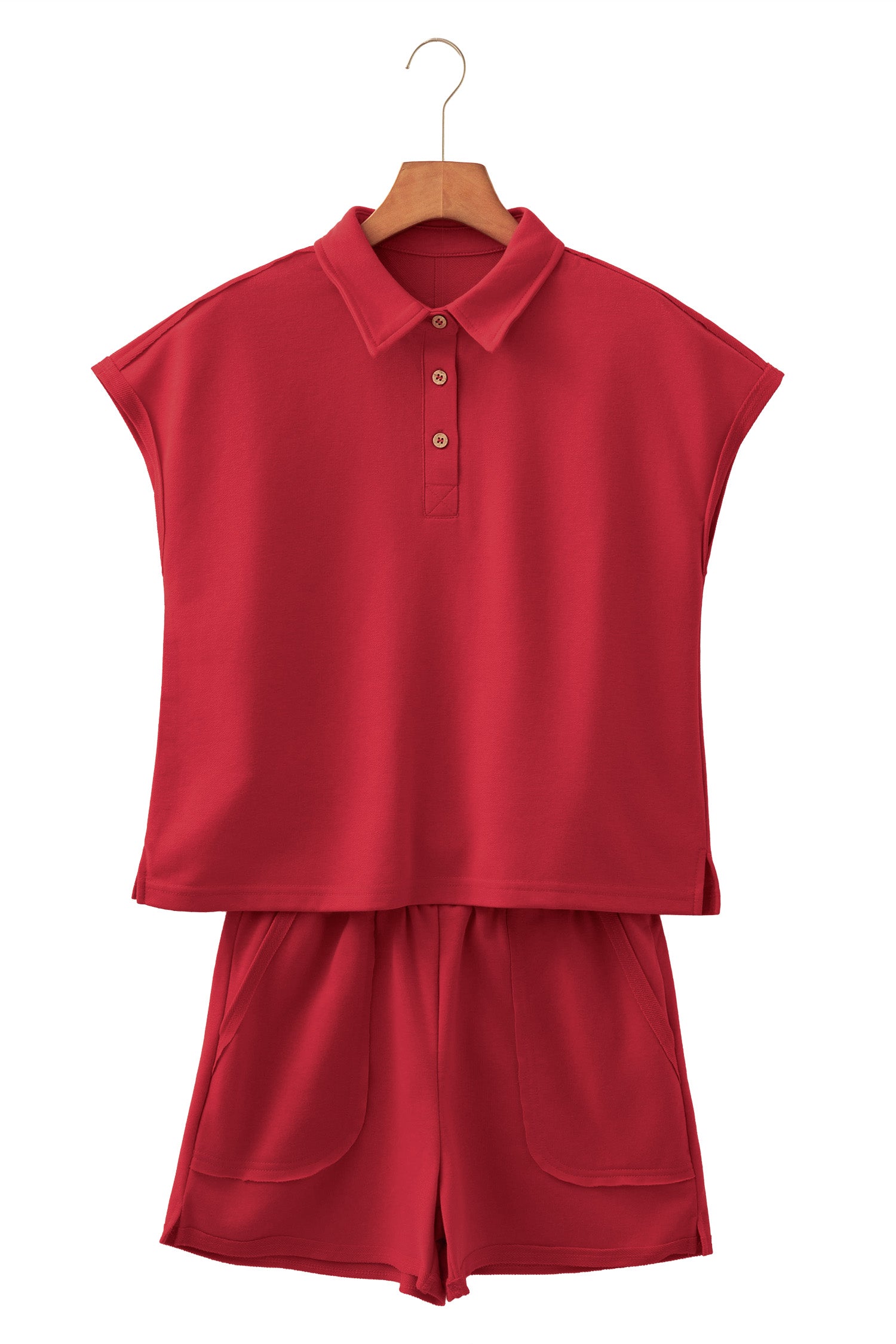Racing Red Loose Polo Tee Elastic Waist 2pcs Short Set