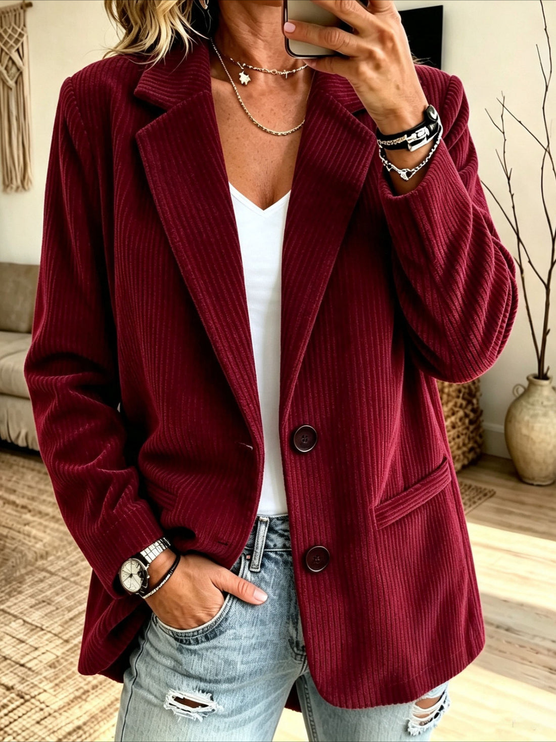 Long Sleeve Solid Color Corduroy Blazer