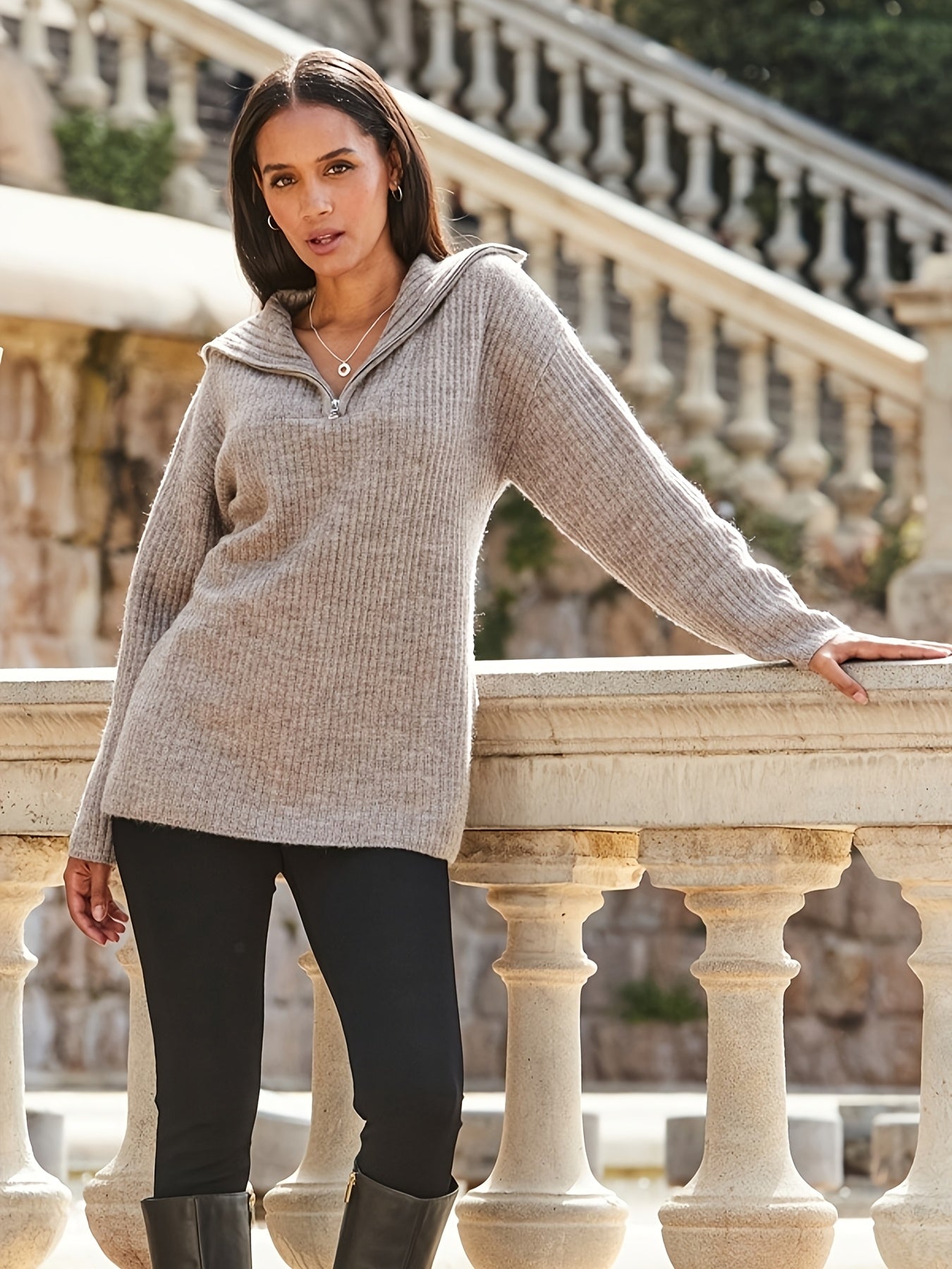 Chic Floral Yarn Half-Zip Pullover - Cozy & Casual Sweater, Soft Polyester Blend