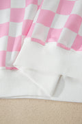 Pink Checkered Print Color Block Trim Mock Neck Short Set