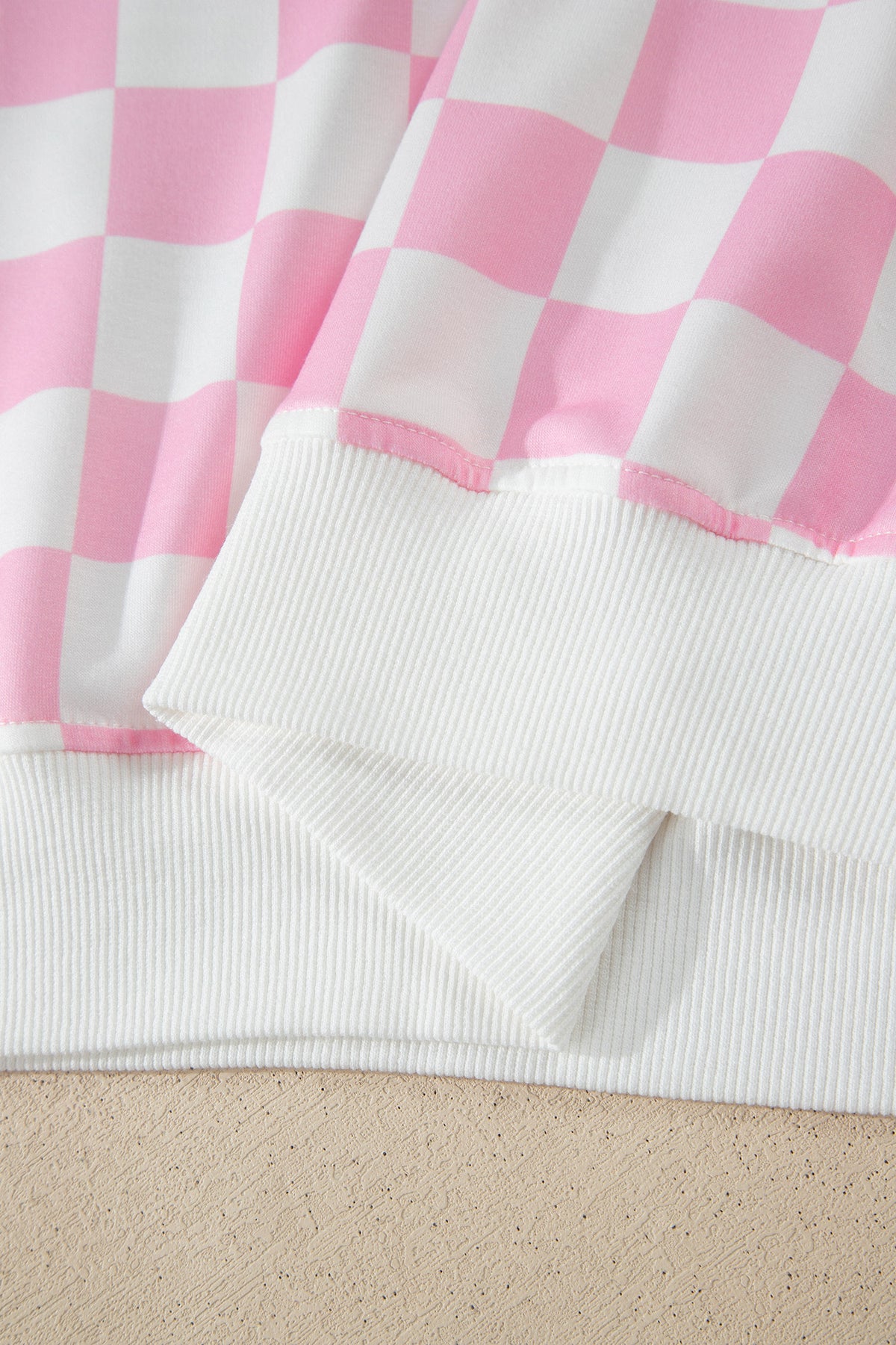 Pink Checkered Print Color Block Trim Mock Neck Short Set