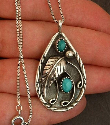 Set Turquoise Vintage Dyed Black Feather Pendant