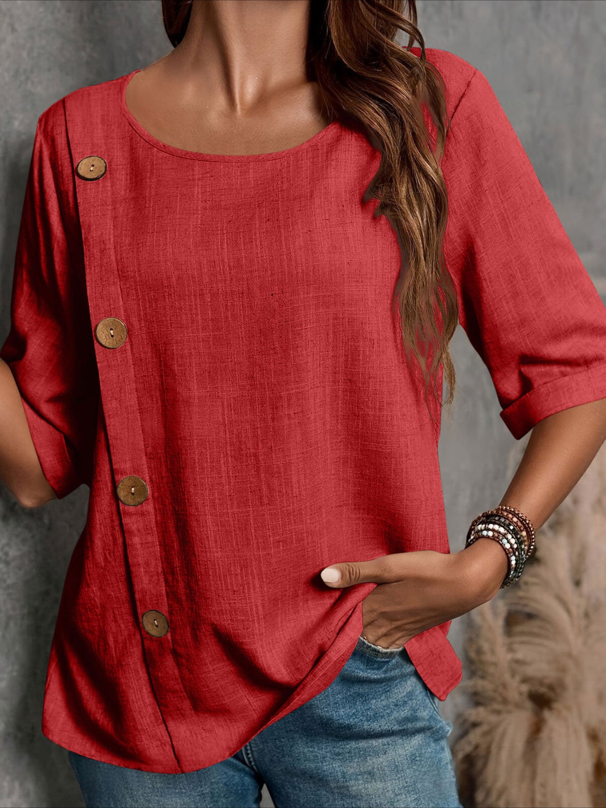 Vintage-Inspired Button-Up Round Neck Blouse with Puffed Sleeves