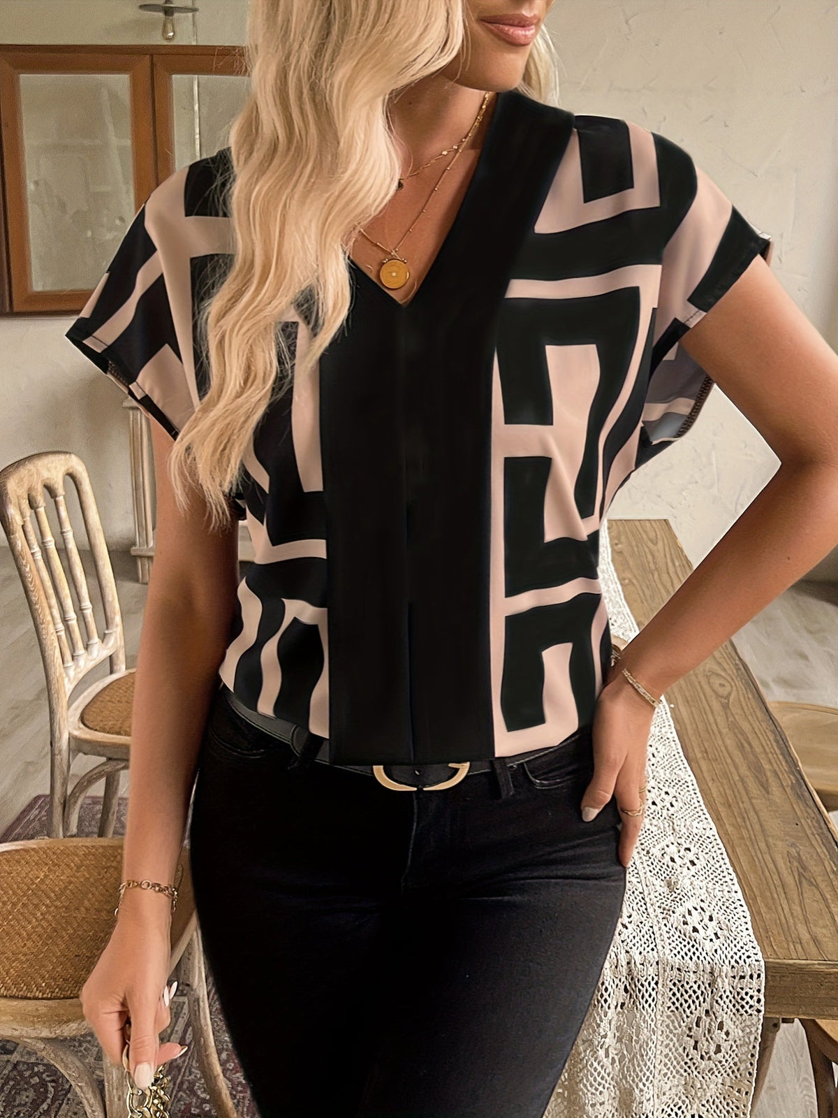 Geo Print V Neck Loose Blouse, YOUNG Short Sleeve Blouse