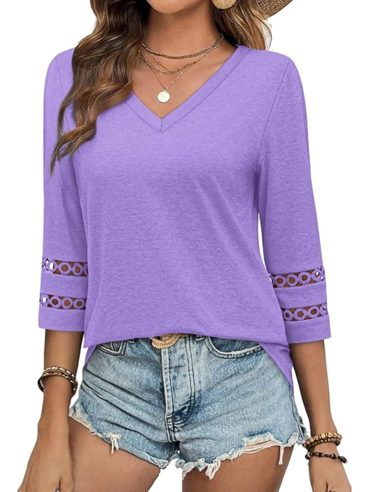 3/4 Length Sleeve Crewneck Lace Tunic Tops