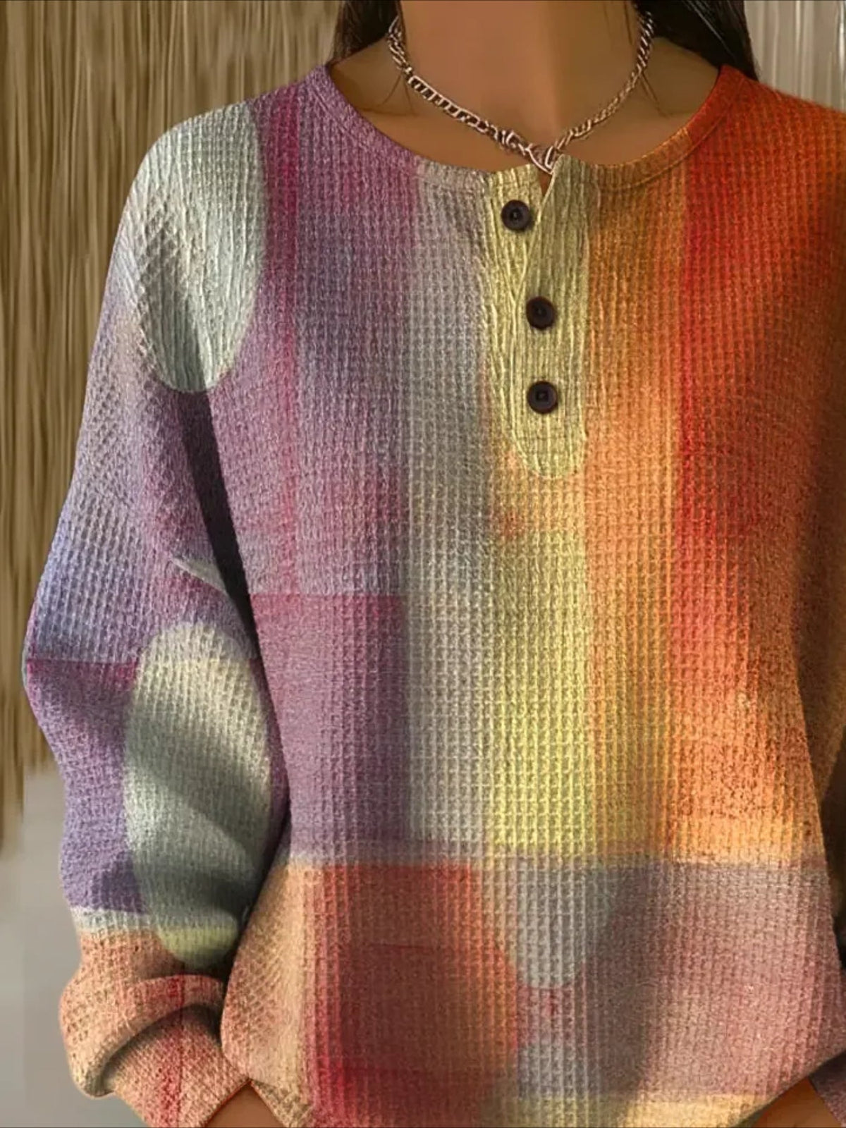 Ribbed V Neck Braided Print Long Sleeve Regular Sweatshirt